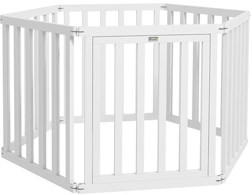 PawHut Parque para Perros de 6 Paneles 60x70 cm Valla para Mascotas Plegable de Pino con Puerta Pies de Goma Antideslizantes y Forma Personalizable para Pasillos Escaleras Blanco