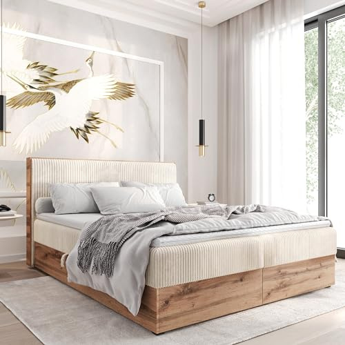 FURNISTAR Boxspringbett TILIA Doppelbett mit Bonellmatratze Bett mit Topper und Bettkasten Cord Stoff Polsterbett mit Kopfteil Modern Schlaffzimmer Wotan Plattet (200x200 Beige)
