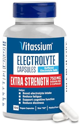 Vitassium Extra Strength Electrolyte Capsules, 750mg of Sodium for The Management of POTS and High Sodium Diets, Unflavored, 100 Salt Pills (Size 00)
