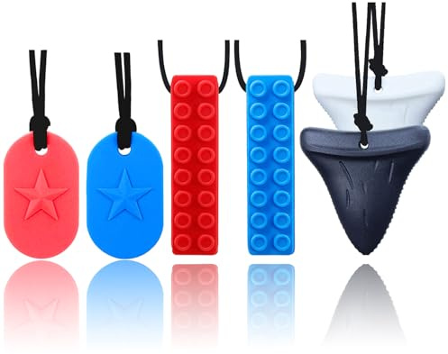 GNAWRISHING Chew Necklaces for Sensory Kids 6 Pcs Sensory Chewy Toys for Autism Girl and Boy, ADHD Toddler, Adult(Blue, Red, Black, White)