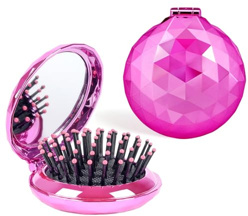 Shinning Diamond Design Folding Hair Brush Travel Hairbrush with Mirror,Pocket Foldable Comb Compact Brush for Purse for Girls and Women (Violet)