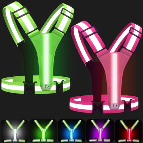 SAWNZC LED Reflective Vest Running Gear, 5 Colors Lights Up Running Vest for Night Walking Cycling Jogging, Adjustable Size for Men Women Kids, Rechargeable and High Visible (2, Green+Pink)
