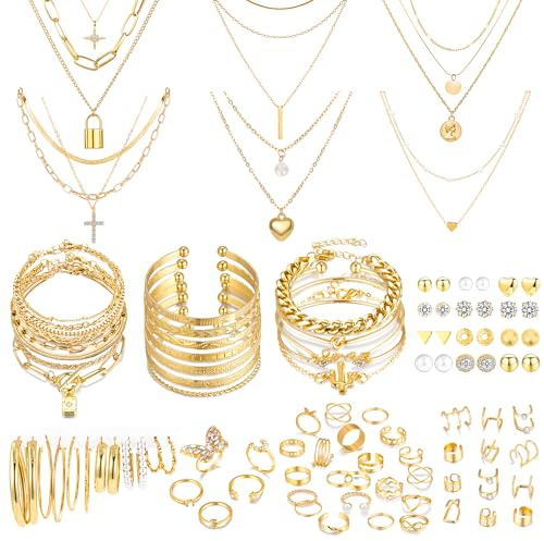 MEDOJO 93 Pcs Golden Jewelry Set for Women Costume Jewelry Pack Golden Plated Necklace Bracelet Stackable Ring Earrings Jewelry for Christmas New Year