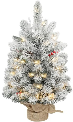 HOMCOM Árbol de Navidad Mini Artificial de 60 cm con 35 Luces LED, 72 Ramas Densas Nevadas, Piñas, Bayas y Base de Arpillera, Decoración Navideña de Mesa para Casa y Oficina, Verde