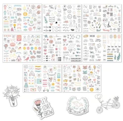 Pegatinas para álbum de fotos de boda, 8 hojas diferentes, (436 diseños), pegatinas vintage de boda para libro de visitas, álbum de recortes y decoración de bodas con motivos de corazones y mucho amor