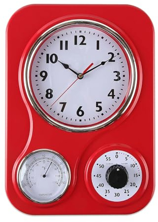 Lily's Home - 9 Inch x 12.5 Inch - Retro Kitchen Wall Clock, Vintage Wall Clock with a Thermometer and 60-Minute Timer, Ideal for Any Kitchen, Office, or Diner (Red)