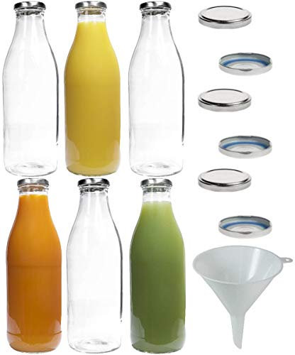 mikken Lot de 6 bouteilles en verre de 1 l avec 12 bouchons à visser sans PVC et entonnoir