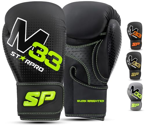 Gants de Boxe en Cuir PU Synthétique Mat pour la Formation Professionnelle en Muay Thaï Kickboxing Fitness et Boxercise au Sac de Boxe - Hommes et Femmes - Noir et Vert (Noir Mat/Vert Fluo, 14oz)