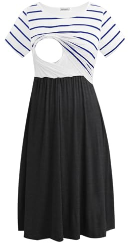 Smallshow kvinnors kortärmade Casual mamma sjuksköterska klänning för amning White Stripe/Deep Grey Large