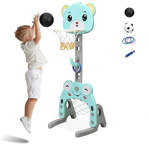 COSTWAY Canestro da Basket, Centro Attività 3 in 1 per Bambini, Canestro da Basket con Porta da Calcio e Gioco degli Anelli, Set Basket e Calcio a Forma di Orso, Ideale per Bambini (Verde)