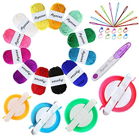 Pompon Maker, 4 formati Pompom Maker for Fluff Ball Weaver Needle Craft Set di strumenti per maglieria Decorazione+12PS Filato acrilico+10PS Marcatori per punti a maglia+10PS Aghi+1PS Forbici (37a)