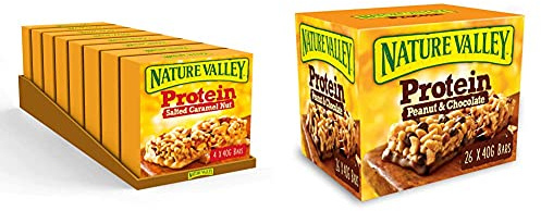 Nature Valley Protein Salted Caramel Nut Gluten Free Cereal Bars 4 x 40g (Pack of 8, total 32 Bars) & Protein Peanut & Chocolate Gluten Free Cereal Bars 26 x 40g