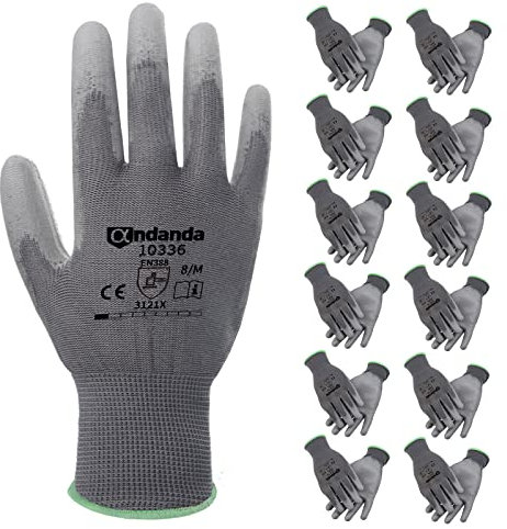 ANDANDA Gants de Travail, 12 Paires, Gant Tricoté sans Couture, Revêtement en PU sur la Paume et les Doigts, Excellente Adhérence, Gants Protections, l'Entreposage, la Logistique, l'Assemblage, M