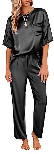 Ekoauer Womens Loungewear Set Pyjamas Soft Satin Pjs Set Two Piece Silk Short Sleeve Shirt with Long Pajama Pant Sleepwear, Black, S