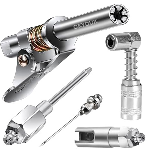 OKYOUK World’s Smallest Grease Gun Coupler Kit, Leak-Proof, Fits All 1/8 NPT Grease Guns – Includes 90° Adapter, Injector Needle & More – Perfect for Automotive, Farm & Heavy-Duty Use