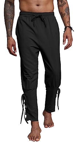 YAOBAOLE Pantalon Medieval Homme Pantalon en Lin Homme Rétro Blanc Slim Viking Coton Noir XL