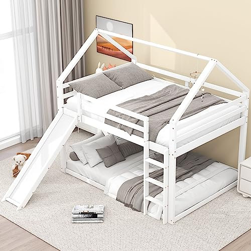 Moimhear Cama Doble para niños de 140 x 200 cm, litera con tobogán y Escalera, para habitación Infantil, Cama Alta y Doble (Blanco)