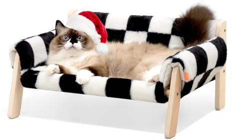 MEWOOFUN Erhöhtes Katzenbett Sofa aus Holz, 56x45cm robust großes Katzensofa – modischer Katzenstuhl mit abnehmbarem Matratzenbezug Belastbar mit 10 kg (Schachbrett, 56x45cm)