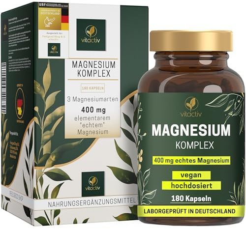 VITACTIV Magnesium Komplex - 180 Kapseln, Vegan - 400mg echtes elementares Magnesium pro Portion - Triple Complex aus organischem Magnesiumcitrat, Magnesiumoxid und Magnesiumcarbonat