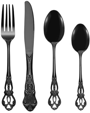 SHEUMNT Set Posate 24 Pezzi Stile Retro Nero - Elegante Servizio per 6 Persone, Posate in Acciaio Inox con Finitura Antica Barocca, Set Completo con Forchette, Cucchiai e Coltelli