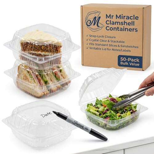 Mr Miracle Clamshell Containers - Clear Disposable Plastic To-Go, Leak-Resistant and Durable for Delivery like Uber Eats, Ideal for Cakes, Salads, Small Sandwich, Personalizable (6 X 6 - 50 Count)
