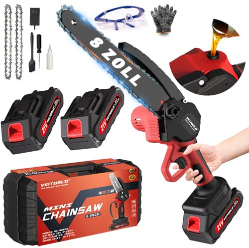 8 Zoll Kettensäge, Mini Kettensäge mit 2 Akku 21v 2000mAh, Einhand Minikettensäge mit Automatisches Ölsystem, Kleine Handkettensäge Chainsaw Elektrisch für Gartensäge Holzschneidenz