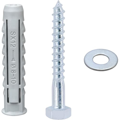 12 PCS Heavy-Duty Masonry Brick Wall Fixing Screws Bolts Anchors - Hex Self-Tapping Screws with Expansion Plugs and Washers for TV Mounts, Water Heaters, and Cabinet Installation (M8)