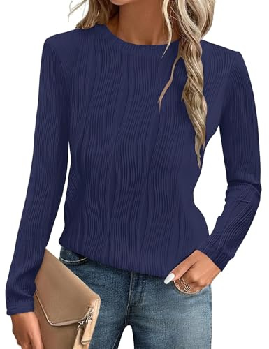 Gemulate top Textured Long Sleeve Blouses for Women UK Ladies Shirts and Blouses Sexy Long Tops Women's Tunic Tops Size 16 Blue L