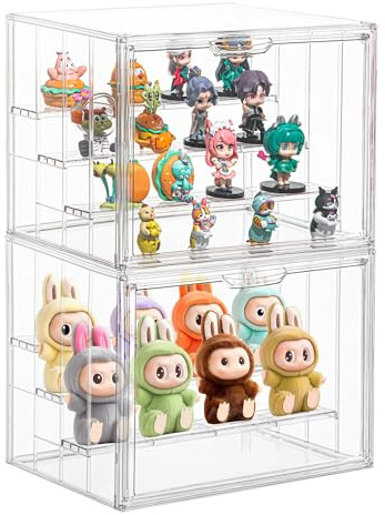 Clear Acrylic Display Case for Figures 4 Layer Figure Display Shelf with 3 Movable Plate Stackable Display Box with Magnetic Door for Collectibles 2 Pack