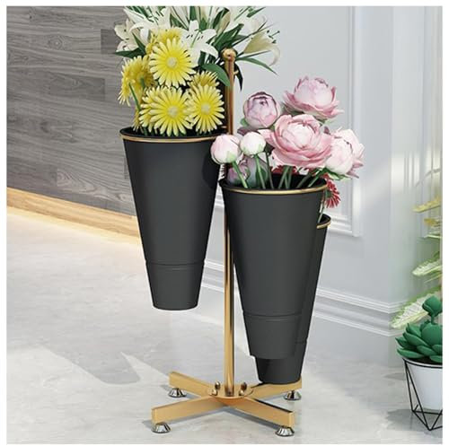 Présentoir de fleurs robuste avec 4 seaux en fer forgé pour fleurs fraîches, parfait pour les magasins, les fêtes de jardin et les décorations d'événements