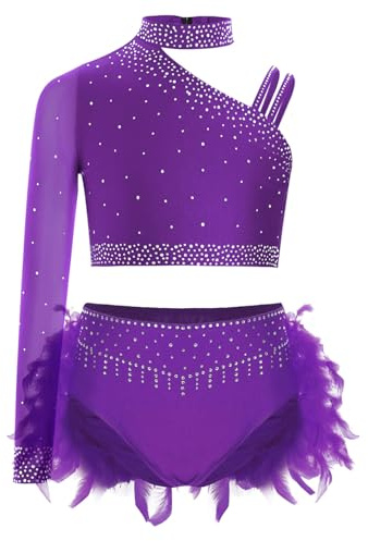 Freebily Ensembles Tenue Danse Latin Jazz Enfant Fille Costume Patinage Artistique Strass Plumes Justaucorps Gymnastique Performance Violet 7-8 ans