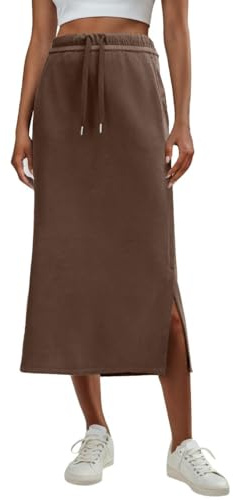 GRECERELLE Jupe longue élégante et infroissable pour femme - Coupe A - Taille haute élastique - Avec poches - Cordon de serrage - Fente, espresso, L