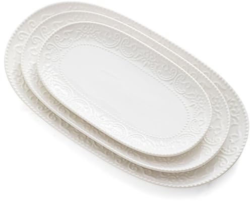 Oval Serving Platter, 14/12/10 Ceramic Serving Platters, Embossed White Serving Plates, Stackable Porcelain Tray for Appetizer, Dessert, Pasta, Sushi, Oven Dishwasher Safe, Set of 3, Family Dining