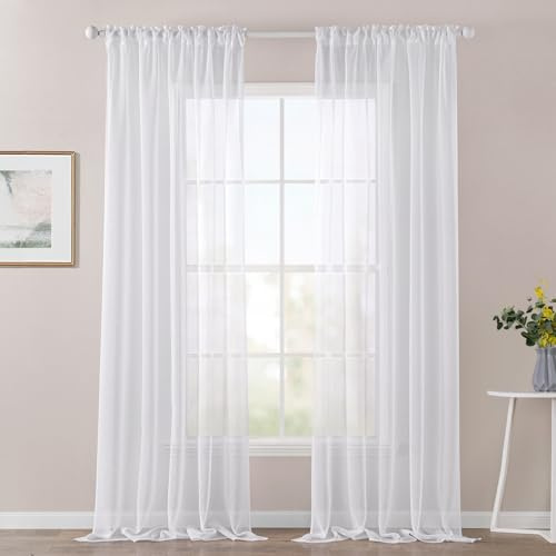 MIULEE Sheer Voile Vorhang Stangedurchzug Transparente Gardine aus Voile Vorhänge Fensterschal Transparent Wohnzimmer Schals Schlafzimmer Babyroom 2er Set 140 X 145 cm (B x H), Rod Pocket Weiß