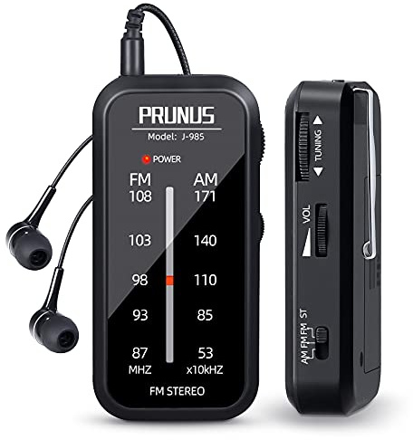 Pocket Radio Mini AM FM Stereo Radio Portable Battery Operated Radio, Includes Headphones, with Back Clip and Signal Indicator, Operated by AAA Batteries for Emergency,Walking,Running,J-985 by PRUNUS