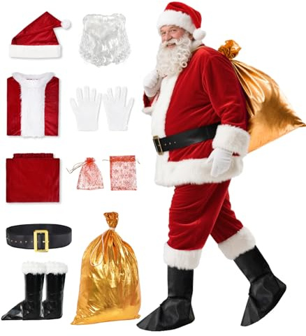 BERVYOSW Santa Claus Costume for Men 10PCS Deluxe Santa Suit Santa Costume for Christmas Parties Parades Family Photos (Red 10PCS, Large)