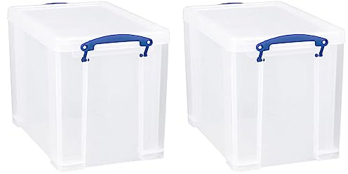 Really Useful Box 19 Liter Plastic Stackable Storage Container w/ Snap Lid & Built-In Clip Lock Handles for Home & Office Organization, Clear (2 Pack)