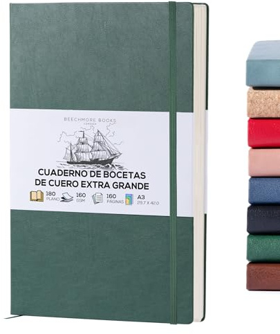 Beechmore Böcker Extra stor skissbok – grön konst skissbok med veganskt läder inbunden | rita, skiss, färg, klippbok | tjockt papper 160 gsm professionellt fodrad skissblock, present till män och