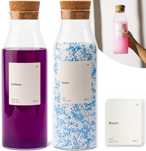 KIVY Waschmittelspender Glas mit Etiketten [2x 1200ml] Weichspüler Aufbewahrung Waschmittel Aufbewahrung Flüssig - Behälter für Waschpulver Aufbewahrungsbox Organizer - Flüssigwaschmittel Spender