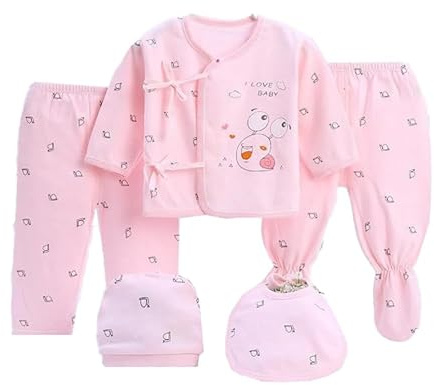 FATASH 5 PCs Newborn Baby Clothes Soft Cotton Outfit Gift Set (0-3 Months) for Boys & Girls, 1 Full Sleeve Top, 2 Pants, 1 Hat, 1 Bib Unisex Infant Night Playsuit - Pink Snail