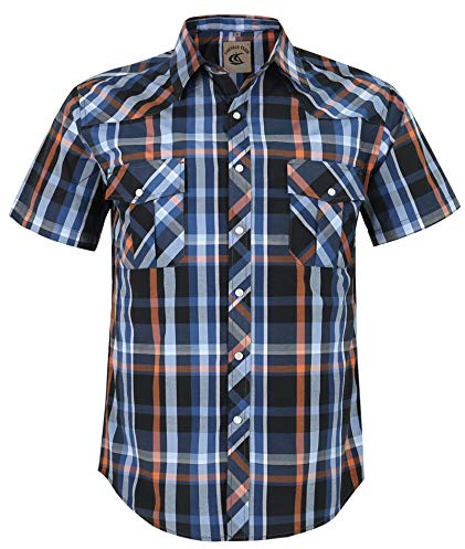 COEVALS CLUB Camisas de manga corta para hombre, estilo casual, con botones, ajuste regular, vaquero, perlas, a presión, dos bolsillos, para el trabajo, camisas con botones, #5 negro, azul, naranja,