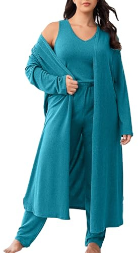Vaimti plus size 3 Piece Casual Cardigan Vest Pants Set, Women's Pajama Loungewear Set Casual Homewear Set for Fall Winter, Green, 4XL Plus
