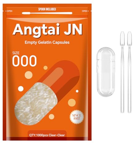 AngtaiJN Capsule Gelatina Vuote 000-Capsule Vuote Trasparenti da Riempire con 2 Microcucchiai, Capsula di Gelatina 000 Fai Da Te Compatibile con il Riempitore di Capsule Misura 000, 1000 pezzi