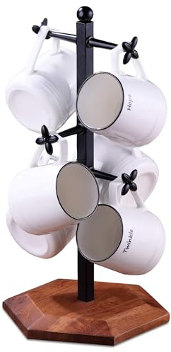 Porte-Tasses à Café, Arbre à Mugs pour Comptoir, Support avec 6 Crochets Floraux, Porte-Tasses en Bois, Organisateur de Bar à Café, Noir