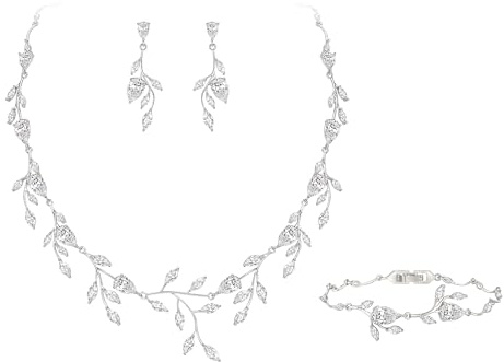 EVER FAITH Gioielli da sposa per damigella d'onore, zirconi a forma di pera, pietra portafortuna foglia, set di orecchini per prom chiaro tono argento, Zirconia cubica, cubica