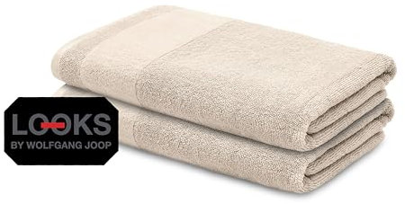 LOOKS BY WOLFGANG JOOP 2X Duschtuch 70x140 cm – 100% Baumwolle Doppelpack Luxus Duschtücher mit Aufhänger & Logostick, 2er Set große Handtücher beige
