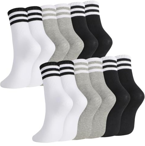 6 pares de calcetines deportivos para mujer y hombre, 39-43, a rayas, calcetines de tenis, calcetines largos de algodón, unisex, calcetines deportivos para mujer y hombre, blanco+gris+negro, 39-43