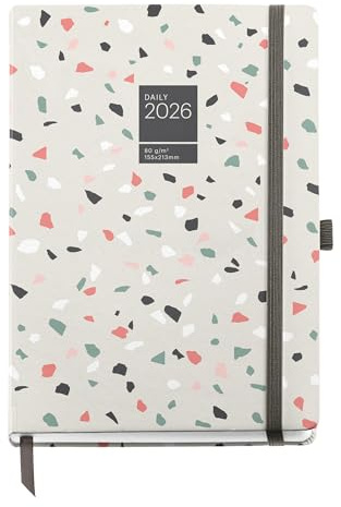 Miquelrius - Agenda 2026 día por página, Similar A5+ (155 x 213 mm), Planificación diaria, Cubierta rígida cartón, Encuadernada, Cierre goma elástica, Papel 80 g/m², Español-EN-PT, Terrazo