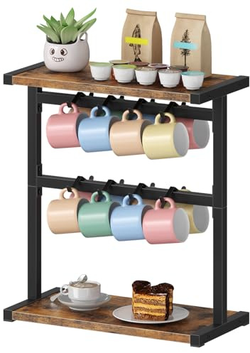 HOOBRO Tassenhalter，Tassenregal mit 16 Haken，Tassenständer aus Spanplatten，Kaffeetassenständer für die Küchenarbeitsplatte, Vintagebraun und Schwarz EBF35TL01
