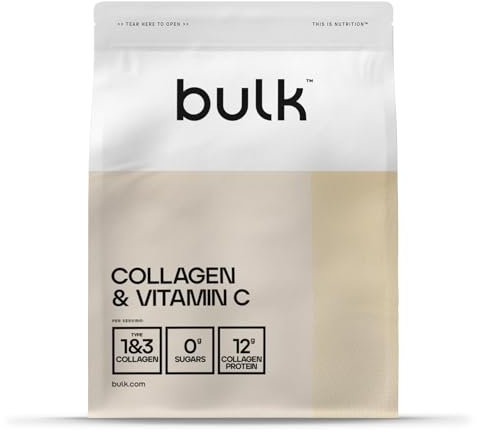 Bulk Collagène et Vitamine C en Poudre, 12 000 mg par portion, peptides de collagène hydrolysé, type 1 et type 3, Peptides de Collagène, Vanille, 500 g
